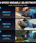 Heavy Duty Brushless Cordless Angle Grinder 4.5 Inch With Two Solid 4.0Ah Batteries 11000RPM cutting and grinding tasks illustrated.