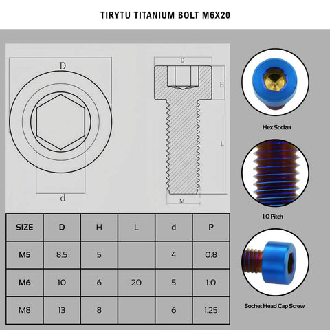 Straight Up Heavy Duty M6x20 Titanium Bolts Sick Burnt Blue Finish Solid Six Pack Set For Top Shelf Bicycle And Motorcycle specifications chart.