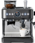 Next Level Semiautomatic Espresso Machine With Dual Boiler Built In Grinder And Precision Steam Wand extracting coffee into a cup.