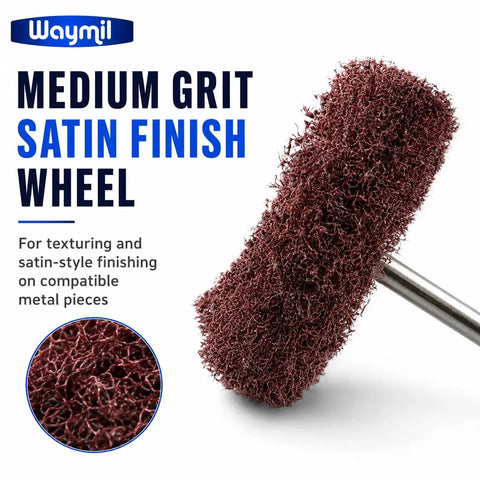 1 1 2 Inch Medium Grit Satin Finish Abrasive Buff Wheel With 1 8 Inch Shank mounted for rotary tools, showing textured surface.