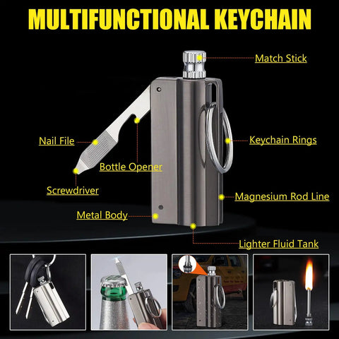 Forever Flint Fire Starter Infinity Lighter Keychain With Bottle Opener And Multitool For Men showing features and tools.