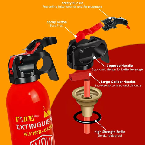 620ml Large 8 In 1 Water Based Fire Extinguisher with safety buckle and upgrade handle, shown disassembled for home car boat kitchen use
