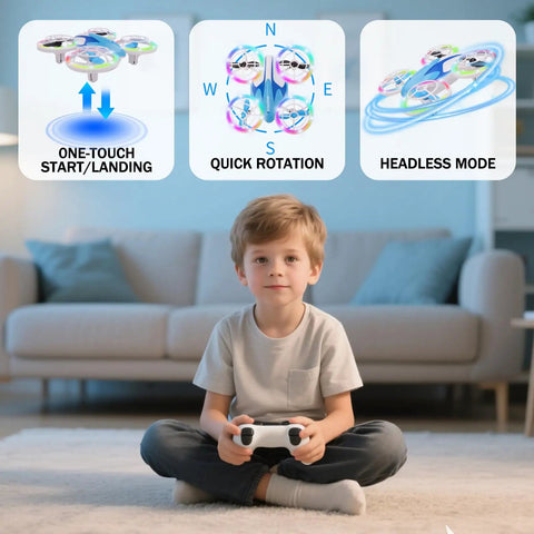 Child playing indoors with Kids Mini Drone For Newbies With Headless Mode And Altitude Hold Colorful LED Neon Lights