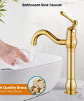 Vessel Sink Faucet With 360 Degree Swivel Spout, Single Handle No-Fuss Tall Bathroom Mixer Tap For 1-Hole Lavatory in Polished Gold Finish