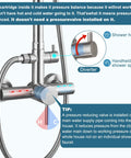 Diagram highlighting features of Outdoor Shower Fixture Set In Brushed Nickel With 8 Inch Rainfall Head, 2 In 1 Handheld Spray