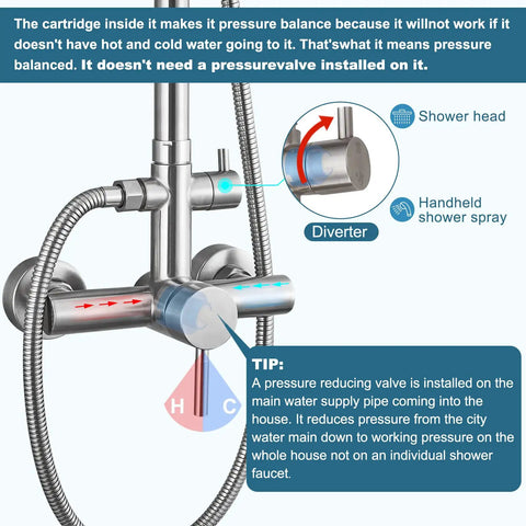 Diagram highlighting features of Outdoor Shower Fixture Set In Brushed Nickel With 8 Inch Rainfall Head, 2 In 1 Handheld Spray