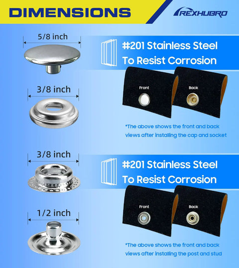 350 Pcs Canvas Snap Kit Set Great Value With Stainless Steel Marine Grade Three Eighths Inch Snaps dimensions comparison