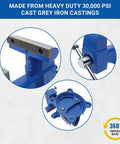 Beefy 6 Inch Combination Vise For Pipe And Bench Work With Swivel Base Cast Iron Frame And Steel U Channel Replaceable Serrated Jaws Big Anvil Surface Built Tough And Ready, 360 swivel base