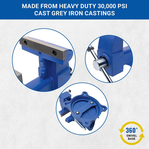 Beefy 6 Inch Combination Vise For Pipe And Bench Work With Swivel Base Cast Iron Frame And Steel U Channel Replaceable Serrated Jaws Big Anvil Surface Built Tough And Ready, 360 swivel base