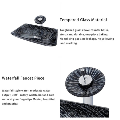 USZWBY Bathroom Vessel Sink, Tempered Glass Artistic Vessel Bowl Sink with waterfall faucet and pop up drain, black and silver.