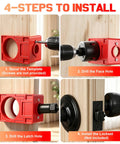 Heavy Duty Door Hinge Jig And Lock Installation Kit Aluminum Alloy Router Template For Hinge Mortising No Sweat Setup Fits Standard Interior Doors shown in 4 step installation guide images.