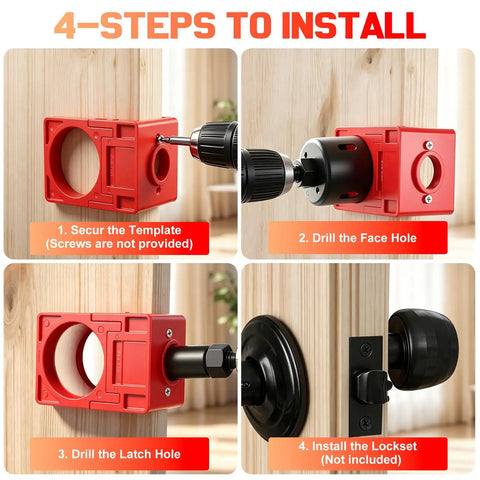 Heavy Duty Door Hinge Jig And Lock Installation Kit Aluminum Alloy Router Template For Hinge Mortising No Sweat Setup Fits Standard Interior Doors shown in 4 step installation guide images.