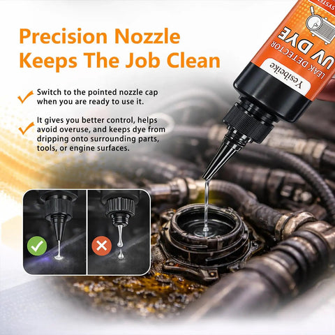 Oil Based UV Leak Detection Dye 150 Ml With Precision Nozzle for Dirty Engine Oil application on car engine