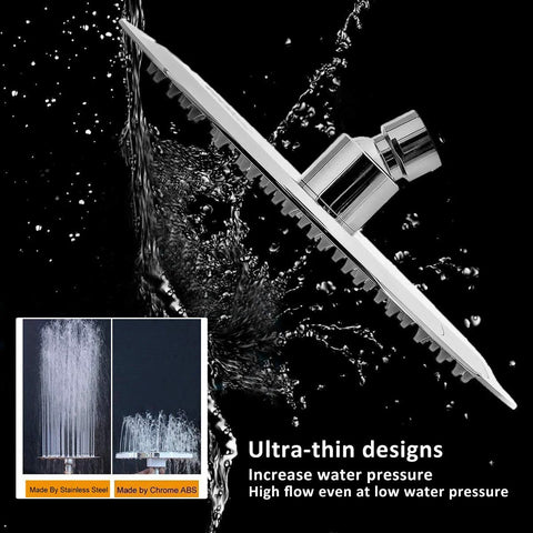 Rain shower head, 8-inch chrome finish, ultra-thin design with water spray.