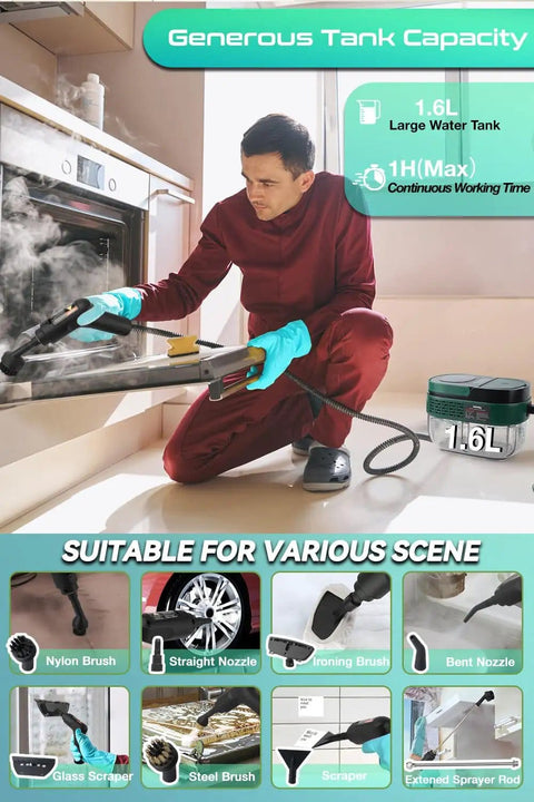 Hands Free Handheld Steam Cleaner With Handle Control One Point Six Liter Large Water Tank 3 Level Steam Output Thickened Hose Portable No Bending Easy To Use Pro Grade High Temp Steamer For Home Kitchen And Car Dark Green in use on oven