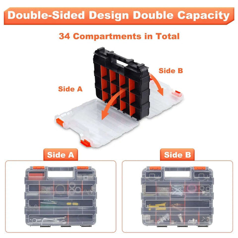 Orange 34 Compartments Double Sided Small Parts Organizer With Removable Dividers And Clear Lid Tackle Box showing sides A and B