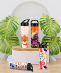 Four Eight Pack 20oz Dope Sublimation Tumbler Set with festive designs, standing on a table among green leaves.