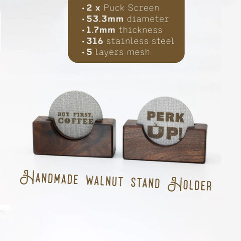 Two Pack 53.3mm Espresso Puck Screen With Handmade Walnut Stand 1.7mm Thick 316 Stainless Steel on display