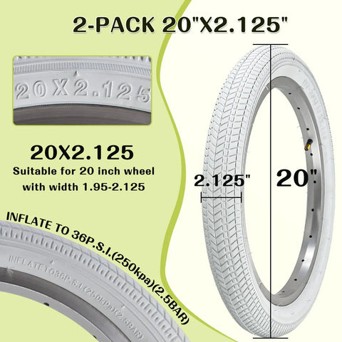 Two Pack 16X2.125 Bike Tires With Inner Tubes And Tire Levers For 16/18/20 Inch Kids Bikes And BMX White Fits Most Rims 16X1.95 16X2.10 16X2.125 36 PSI shown inflated to 36 PSI