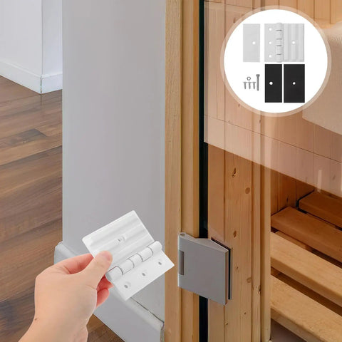 Shower Glass Door Hinge Replacement For Sauna And Steam Rooms With Black Gasket And Screws, showing installation on wood sauna door.