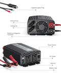 Hella Reliable 500W Power Inverter Converts DC 12V To AC 110V With dual outlets, USB ports, and battery clips for camping and road trips.