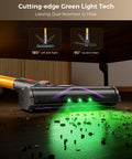 Cordless Vacuum Cleaner With 450W Motor And 40KPa Suction showcasing green light tech cleaning debris on floor.