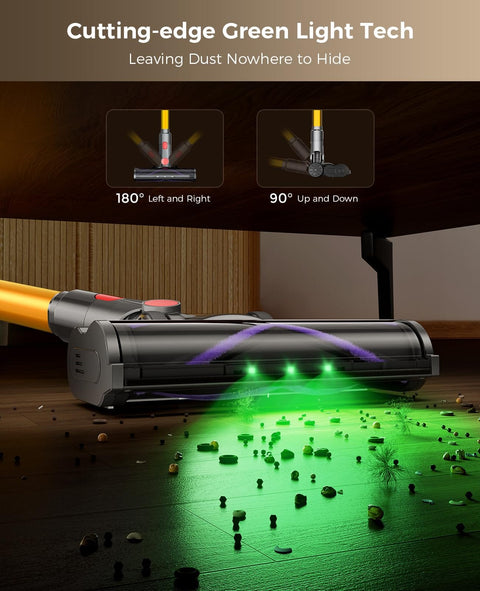 Cordless Vacuum Cleaner With 450W Motor And 40KPa Suction showcasing green light tech cleaning debris on floor.
