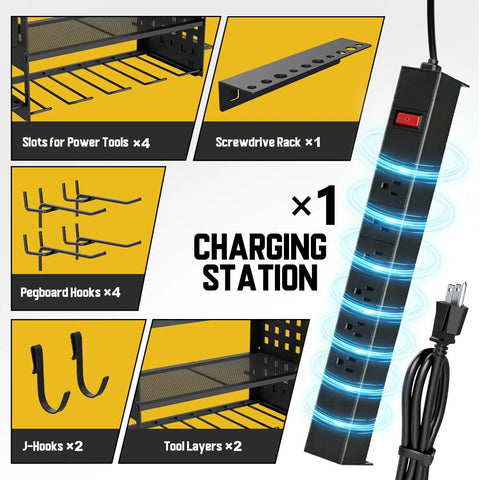 Power Tool Organizer With Built In Charging Station Six Outlets And Three Layer Wall Mounted Drill Storage Rack components