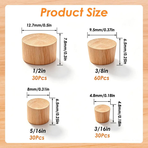 150 Piece Hardwood Hole Plugs For Fast Furniture Makeovers And Paint Ready Surfaces That Fit Like A Glove To Deliver A Totally Legit Smooth Flush Finish On Any Weekend Warrior Project size chart showing four sizes of wood plugs.