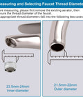 Swivel Faucet To Garden Hose Adapter Kit For Kitchen Sink Or Outdoor Hose, Multi Thread Aerator Connector, Three Quarters Inch GHT Threads, Brushed Nickel Finish, Easy Install And Leak Free Performance faucet thread size guide showing 21.5-22mm and 23.5-24mm
