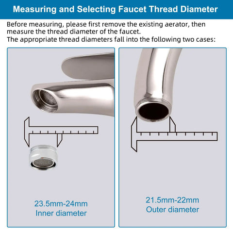 Swivel Faucet To Garden Hose Adapter Kit For Kitchen Sink Or Outdoor Hose, Multi Thread Aerator Connector, Three Quarters Inch GHT Threads, Brushed Nickel Finish, Easy Install And Leak Free Performance faucet thread size guide showing 21.5-22mm and 23.5-24mm