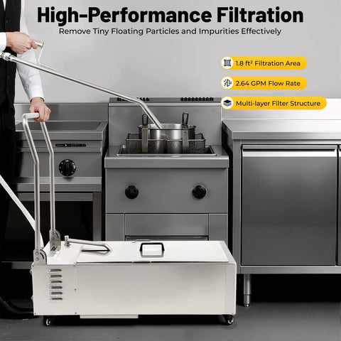 Heavy Duty 55L Mobile Fryer Oil Filter Machine With Cart Commercial Frying System For Restaurants Foldable Stainless Steel Filter Unit 110V in kitchen during use.