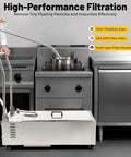 14.5 Gallon Commercial Oil Filter Machine 55L Capacity in a kitchen with stainless steel fryers and filtering system.