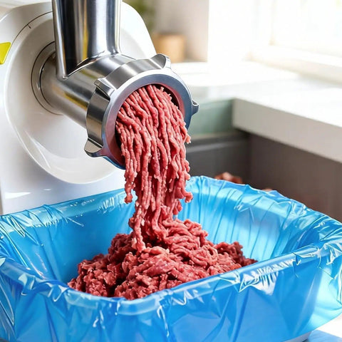 Fresh ground meat falling into a blue 60 Pack Disposable Meat Lug Liners 2.5 Mil Thick Polyethylene Bag for sanitary handling.