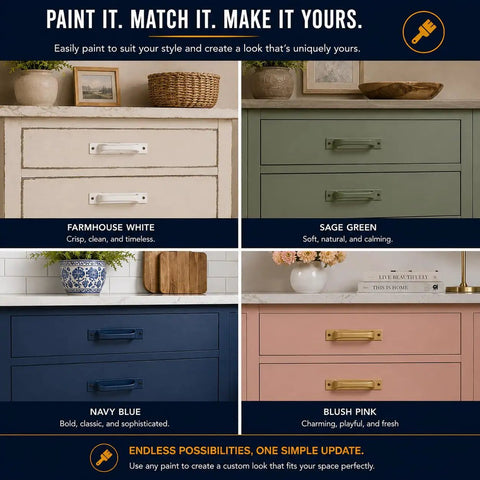 Four drawer styles painted in farmhouse white, sage green, navy blue, and blush pink with decor options.