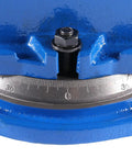 Close-up of Beefy 3 Inch Heavy Duty Precision Swivel Base Milling Machine Vise with Quick Lock Hinged Handle in blue finish.