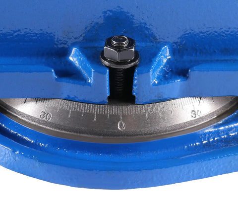 Close-up of Beefy 3 Inch Heavy Duty Precision Swivel Base Milling Machine Vise with Quick Lock Hinged Handle in blue finish.
