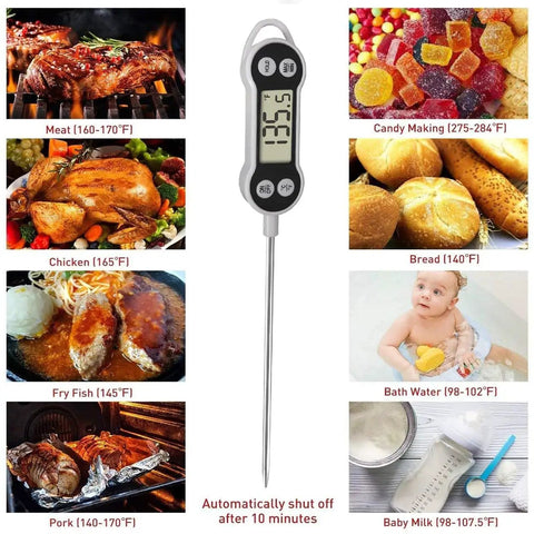 Ultimate Digital Meat Thermometer For Cooking And Grilling Instant Read Probe for multiple foods and baby milk temperature display.