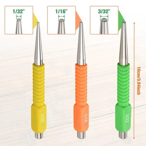 Killer Gear 3 Piece Nail Punch And Setter Kit Featuring 1 32 1 16 And 3 32 Inch Sizes with color-coded yellow, orange, green handles.