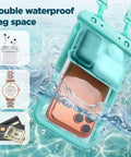 Waterproof Phone Pouch 2 Pack Up To Eight Point Eight Inches Double Bag IPX8 Case in water showing dual compartments with phone and accessories