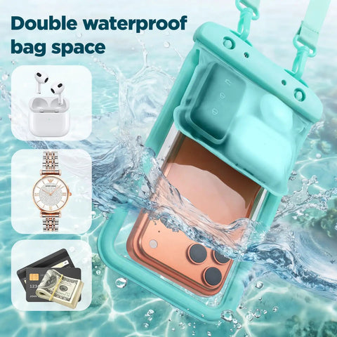 Waterproof Phone Pouch 2 Pack Up To Eight Point Eight Inches Double Bag IPX8 Case in water showing dual compartments with phone and accessories