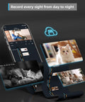 2K Indoor Security Camera System With 360 Degree Coverage, Smart Baby Monitor And Pet Camera showing surveillance footage on phone