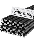 Stacked 48 Inch T Slot 2020 Aluminum Extrusion Profile for 3D Printer and CNC DIY with black anodized finish, labeled as 10-pack.