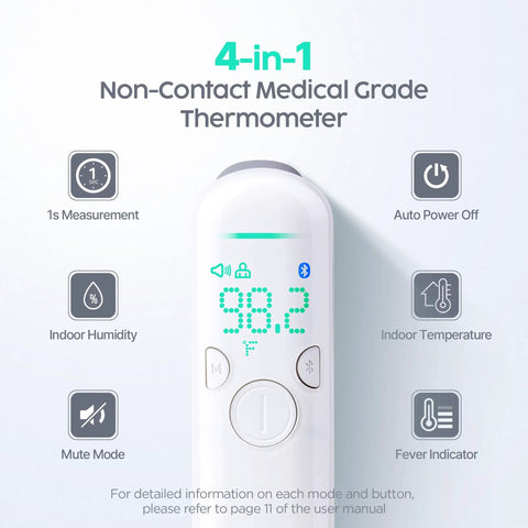 No Touch Forehead Thermometer 3 In 1 For Body Temperature, Room Humidity And Indoor Climate, Fast Infrared Scan In Under 1 Second, Medical-Grade Accuracy For Babies, Kids, And Adults, All-In-One Family Care Tool, white 4-in-1 display