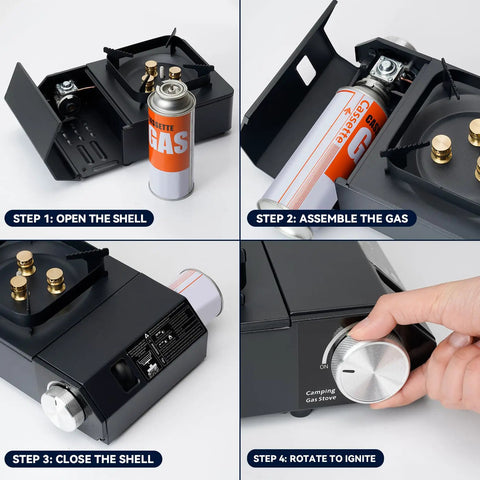 Step-by-step setup of Grab And Go Portable Butane Camping Stove With Carrying Case Precise Heat Control For Patio Cooking