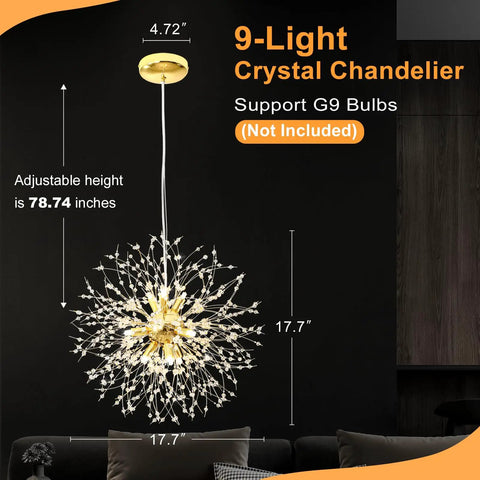 Lit Gold Crystal 9 Light Dandelion Firework Pendant Chandelier With G9 Base Modern Hanging Light Fixture dimensions shown