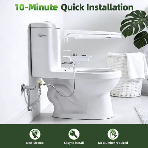 Toilet with Must Have Non Electric Cold Water Bidet Toilet Seat Attachment with Pressure Controls and Retractable Self Cleaning Dual Nozzles.