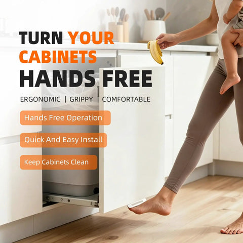 Woman using Under Cabinet Foot Pull With Adhesive And Screws Hands Free Toe Kick Opener For Trash Cabinet Door EVA Pad Comfort