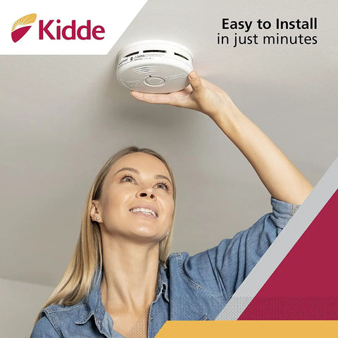 Smoke And CO Alarm Combo With 10 Year Battery Replacement Alert For Home Safety Photoelectric And Electrochemical Sensors Easy Install Kit 4 Count Pack Today installed by person on ceiling