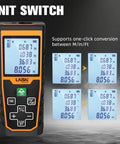Heavy Duty Laser Distance Meter Featuring Slick Green Beams And Up To 262 Foot Range Rechargeable Battery With Crisp Lcd Readout Spot On Two Millimeter Accuracy For Hardworking Tradesmen showing unit conversion options on display.